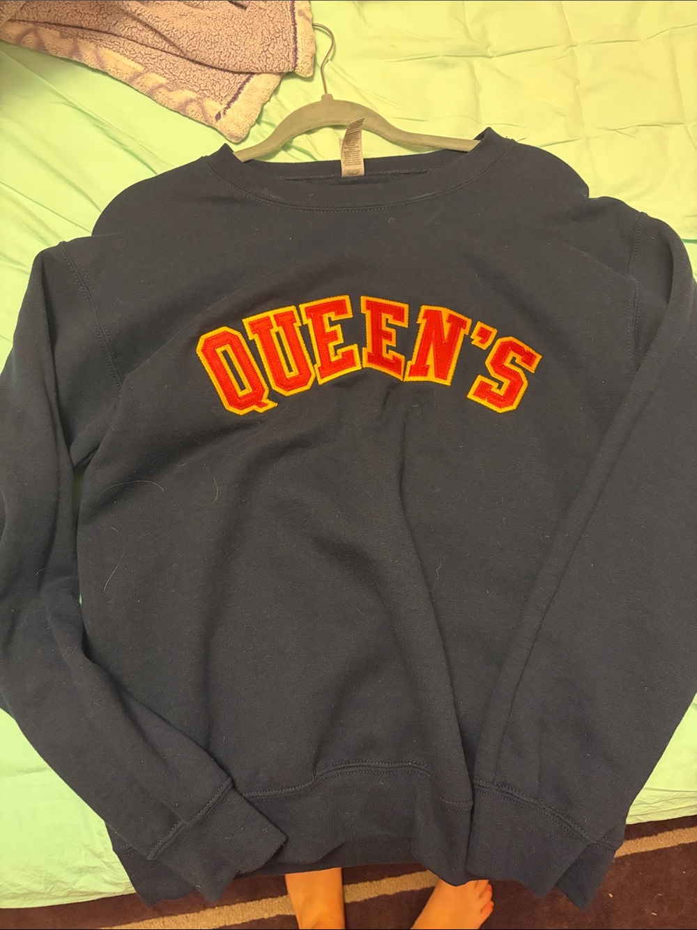 Gildan Navy Blue Crewneck Sweatshirt with Red & Yellow QUEEN'S Appliqué